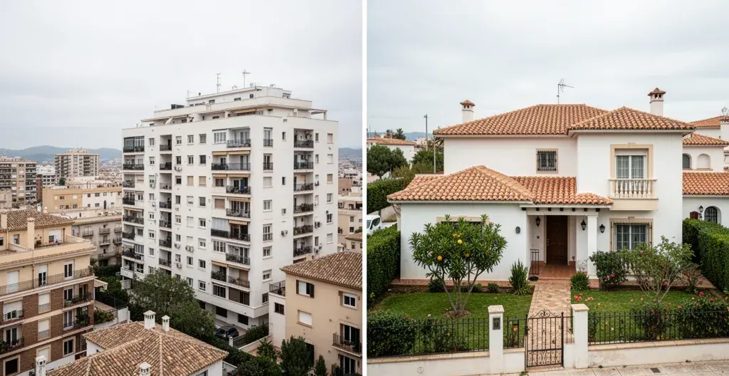 Contraste visual entre edificio de pisos y casa unifamiliar española, tipologías vivienda España Contraste visual entre edificio de pisos y casa unifamiliar española, tipologías vivienda España